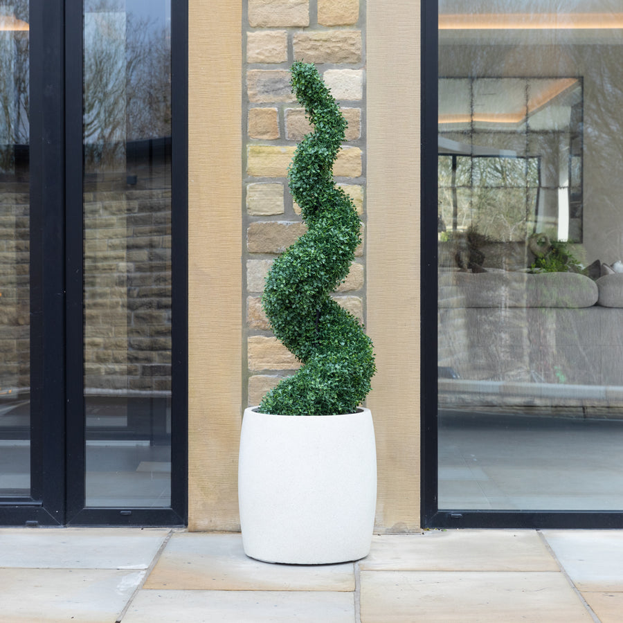 Artificial Buxus Spiral Topiary in  White Planter