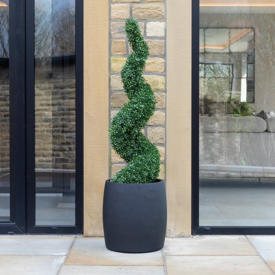 Artificial Buxus Spiral Topiary in Black Planter