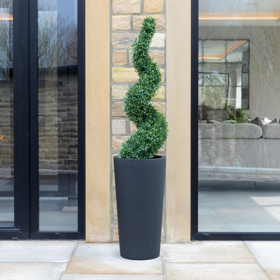 Artificial Buxus Spiral Topiary in Tall Black Planter