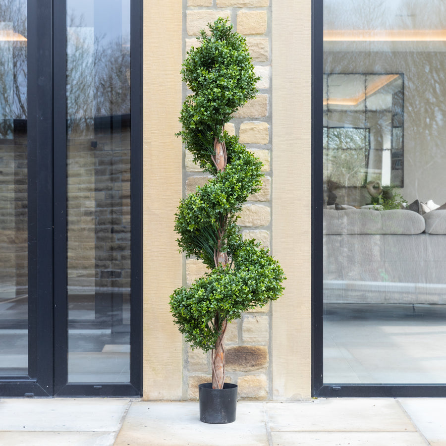 Artificial Buxus Spiral Stem Topiary in White Planter