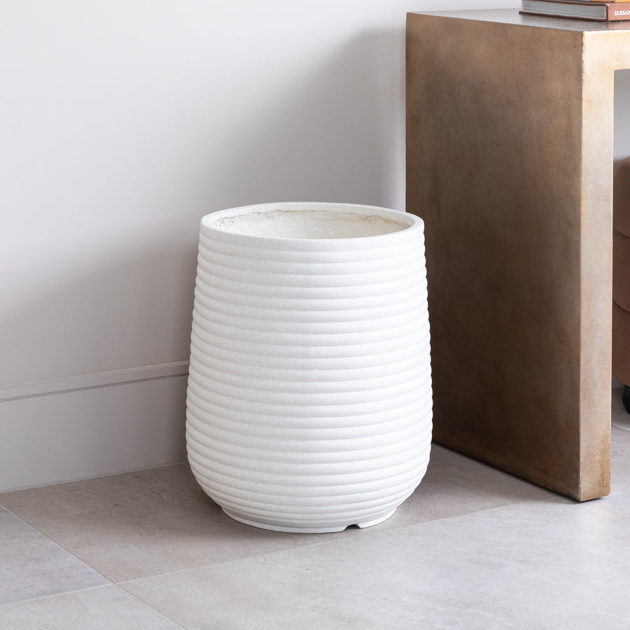 Artificial Fiddle Fig Tree UV/IFV in White Ribbed Planter