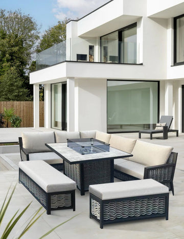 Bowden Aluminium & Rattan Corner Beige Dining Set with Fire Pit