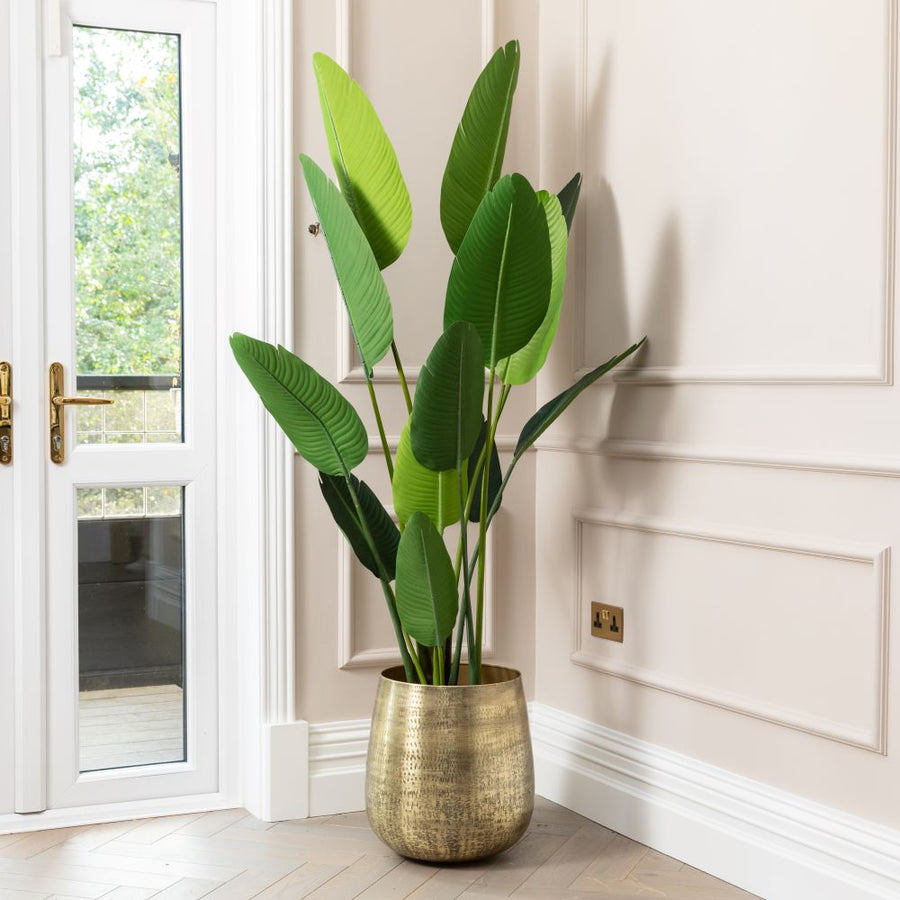 Artificial Bird Of ParaDise Tree UV/IFV in Gold Metal Planter
