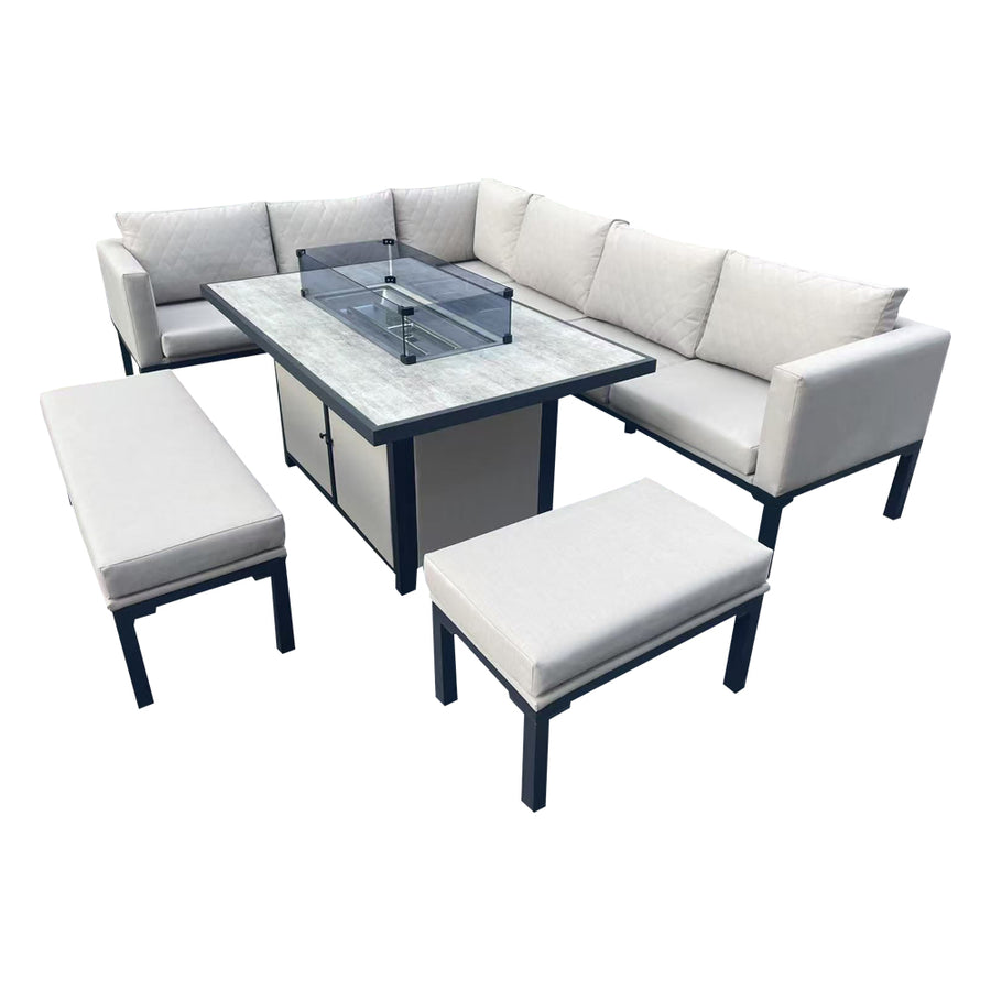 Alderley Aluminium Corner Beige Dining Set with Fire Pit