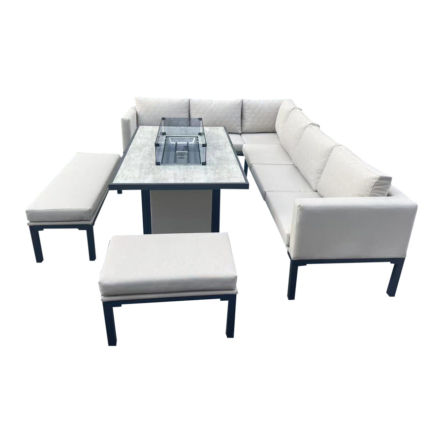 Alderley Aluminium Corner Beige Dining Set with Fire Pit