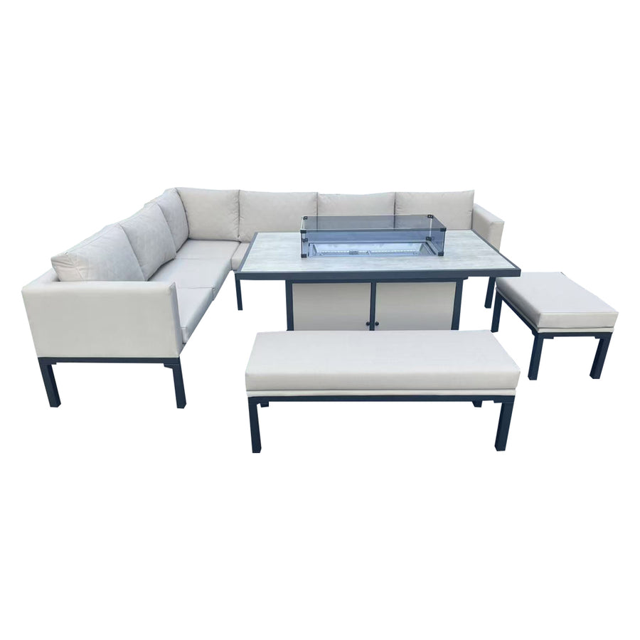 Alderley Aluminium Corner Beige Dining Set with Fire Pit