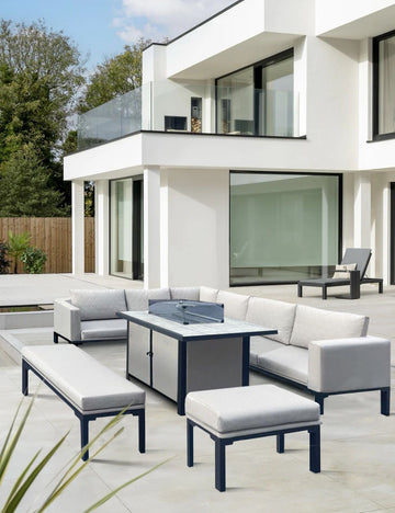 Alderley Aluminium Corner Beige Dining Set with Fire Pit