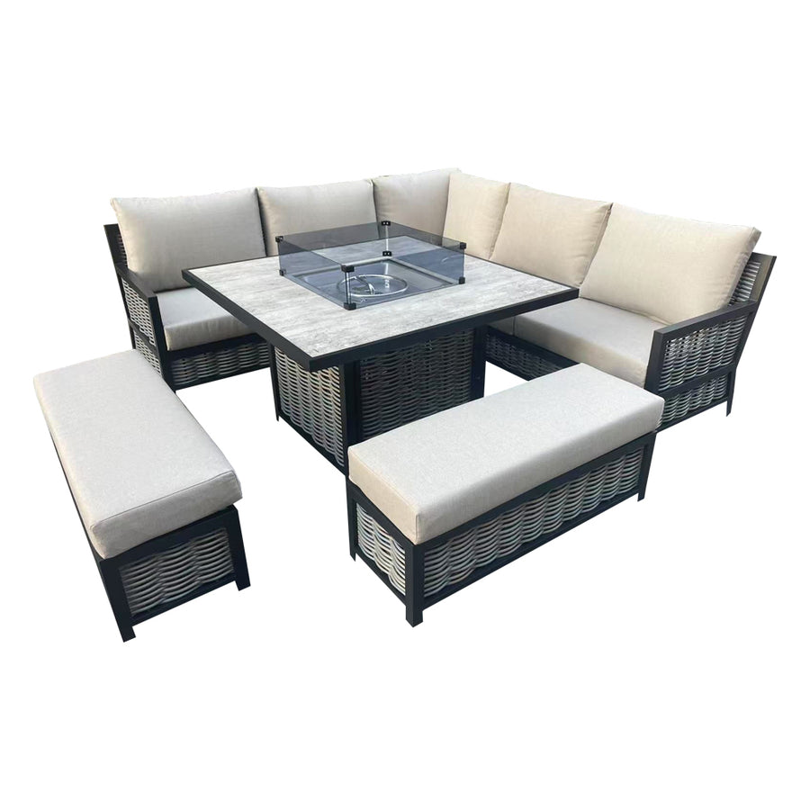 Bowden Aluminium & Rattan Corner Beige Dining Set with Fire Pit