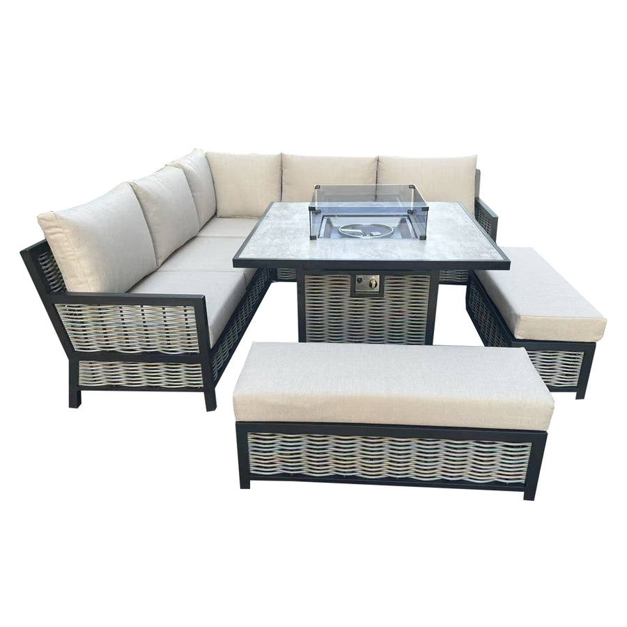 Bowden Aluminium & Rattan Corner Beige Dining Set with Fire Pit